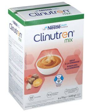 Clinutren Mix est une denrée alimentaire destinée à des fins médicales spéciales. Il est adapté pour les besoins des patients dénutris ou à risque de dénutrition. Il s’agit d’un plat salé mixé sous forme de poudre à reconstituer. Il est fourni par 6 sachets.