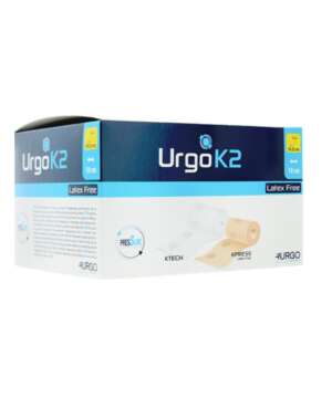 Le système de compression bi-bande UrgoK2 sans latex est utilisé en cas d'insuffisance veineuse. Il permet d'atteindre le niveau de pression thérapeutique recommandé dès la première pose pour un maximum d'efficacité