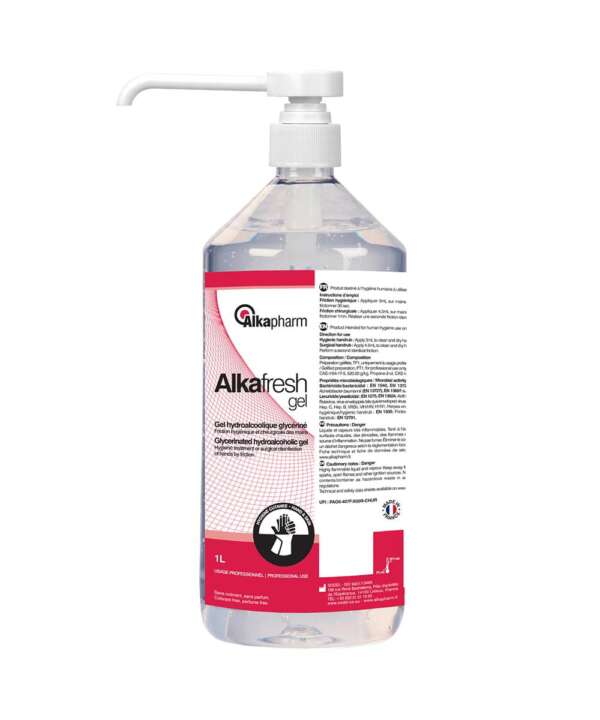 Alkafresh est un gel hydroalcoolique glycériné. Il permet la désinfection hygiénique et chirurgicale des mains par friction. Il est actif sur les virus enveloppés tels que Coronavirus, VHB, VHC… Sa formulation bi-alcool agit sur un large spectre d’activité.