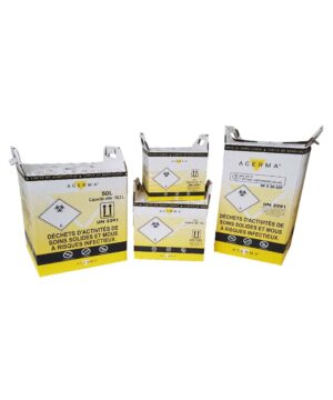 Le container carton Agerma 25L à lien coulissant est un emballage combiné en carton pour le tri, le traitement et l’élimination des déchets de soins à risques infectieux (DASRI)