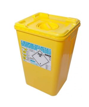Le container à déchets 60L jaune Pacazur est en plastique type 3H2 pour déchets d’activités de soins à risques infectieux UN3291.