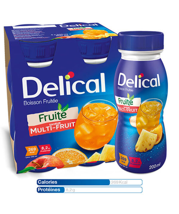 Delical boisson fruitée est une denrée alimentaire destinée à des fins médicales spéciales. C’est un jus de fruit supplémenté en protéines et calories qui peut être une alternative aux boissons lactées HP/HC. I