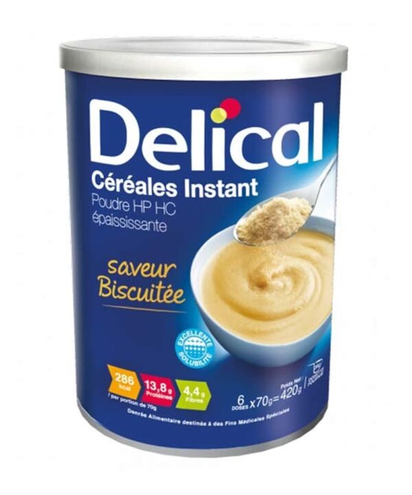 Delical Cereal Instant est une denrée alimentaire destinée à des fins médicales spéciales. Il est adapté pour les besoins nutritionnels des patients en cas de dénutrition ou risque de dénutrition, troubles de la déglutition et/ou de la mastication.