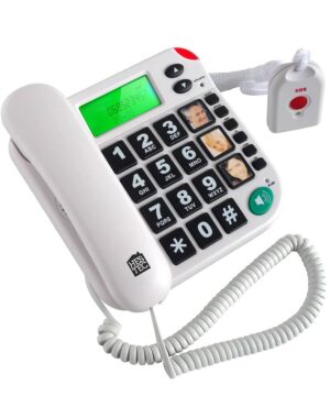 Ce téléphone classique dispose des fonctions classiques d’un téléphone, mais il est surtout relié au boitier d’urgence. Ce boitier pendentif permet de répondre à distance à un appel ou de composer un numéro d’urgence grâce au bouton SOS.